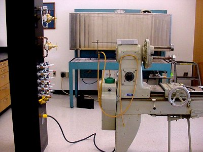 A view of the lathe and the gas manifold.